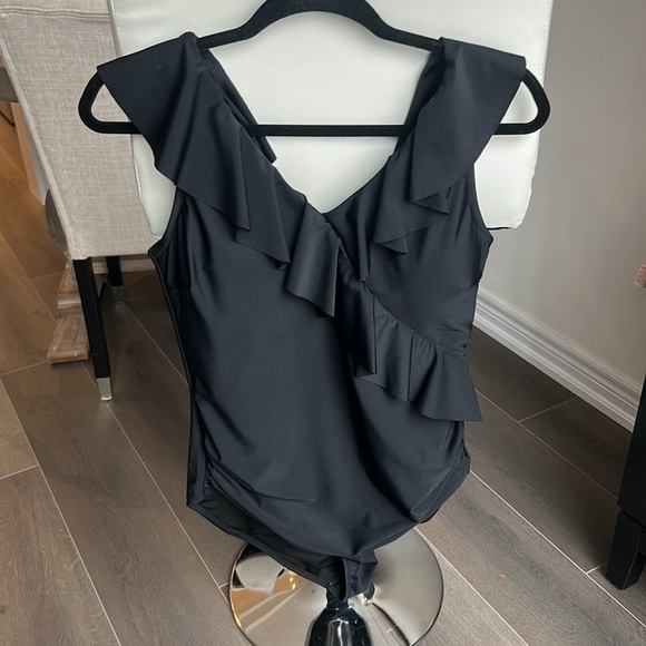 Blooming Jelly Black Ruffle VNeck Tummy Control Slimming One Piece Bathing Suit - Picture 10 of 16